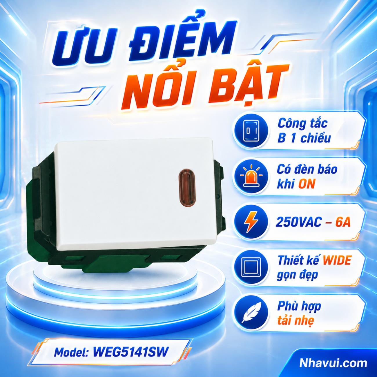 Công tắc B, 1 chiều, có đèn báo khi ON Panasonic WIDE Series 250VAC – 6A
